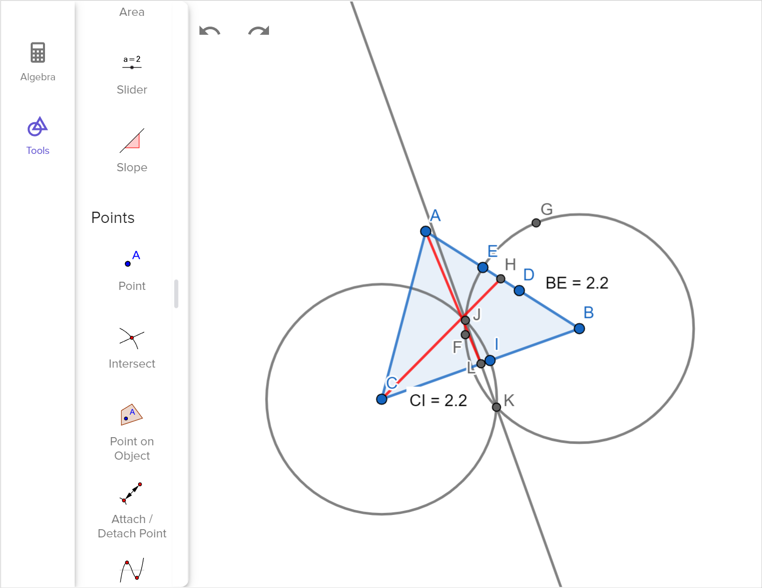 A screenshot of the GeoGebra geometry tool showing how to construct the median from B C to A. Speak to your teacher for more details.