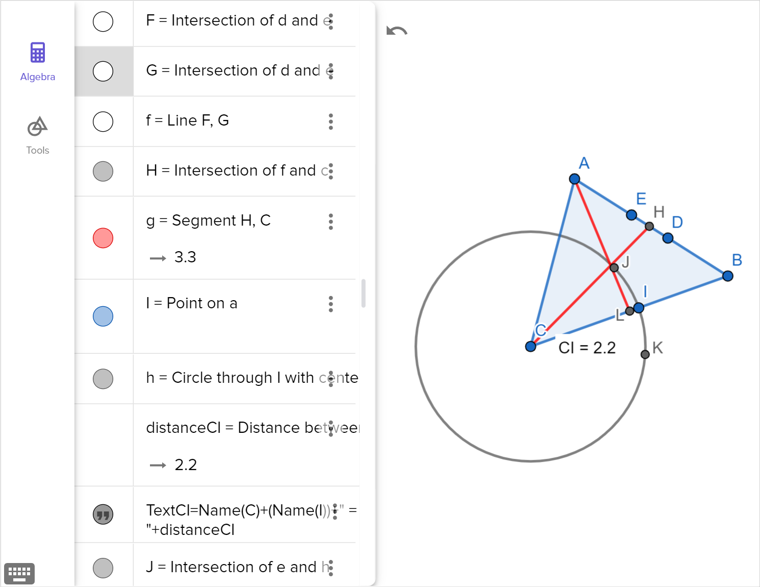 A screenshot of the GeoGebra geometry tool showing how to hide components. Speak to your teacher for more details.