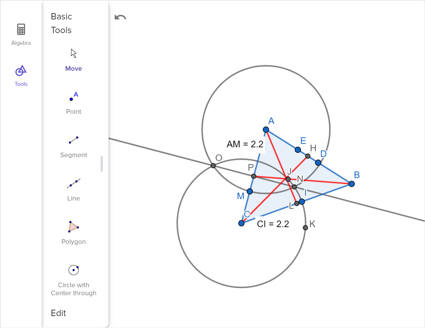 A screenshot of the GeoGebra geometry tool showing how to construct the median from A C to B. Speak to your teacher for more details.