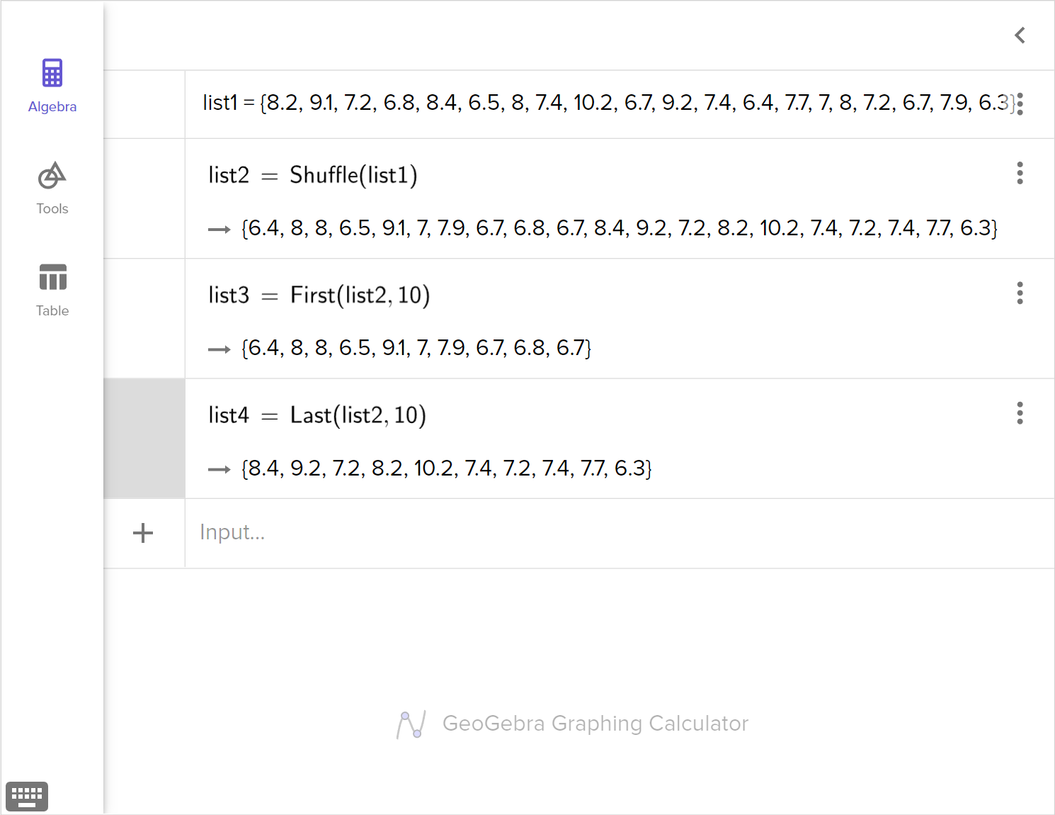 A screenshot of the GeoGebra graphing calculator showing how to split a list with 20 elements into two lists with 10 elements each. Speak to your teacher for more details.