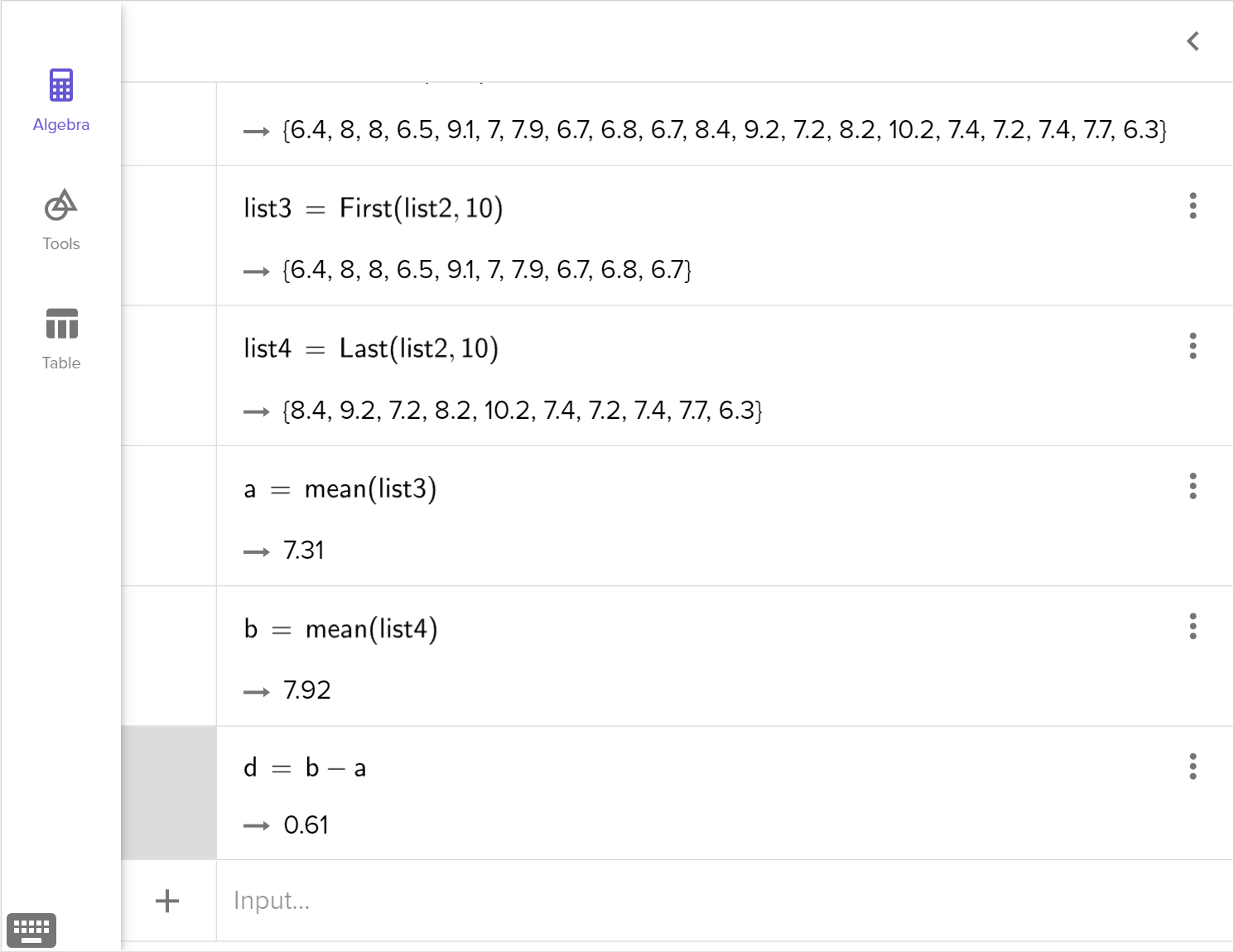 A screenshot of the GeoGebra graphing calculator showing how to find the means of 2 new lists and the difference of their means. Speak to your teacher for more details.