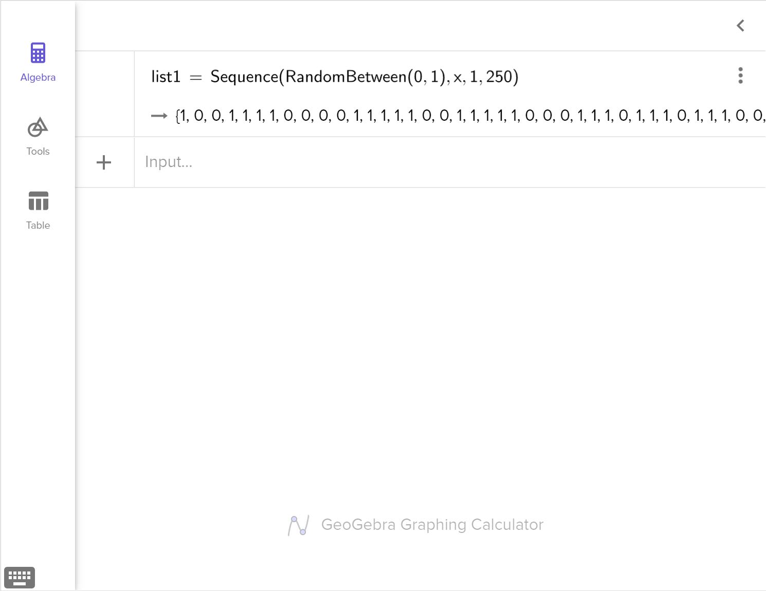 A screenshot of the GeoGebra graphing calculator showing how to generate 250 random numbers, either 0 or 1, using the Sequence and RandomBetween commands. Speak to your teacher for more details.