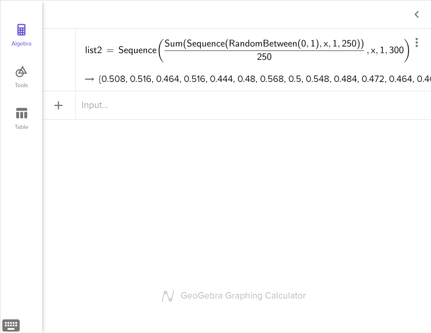 A screenshot of the GeoGebra graphing calculator showing how to generate 300 random averages using the Sum, Sequence, and RandomBetween commands. Speak to your teacher for more details.