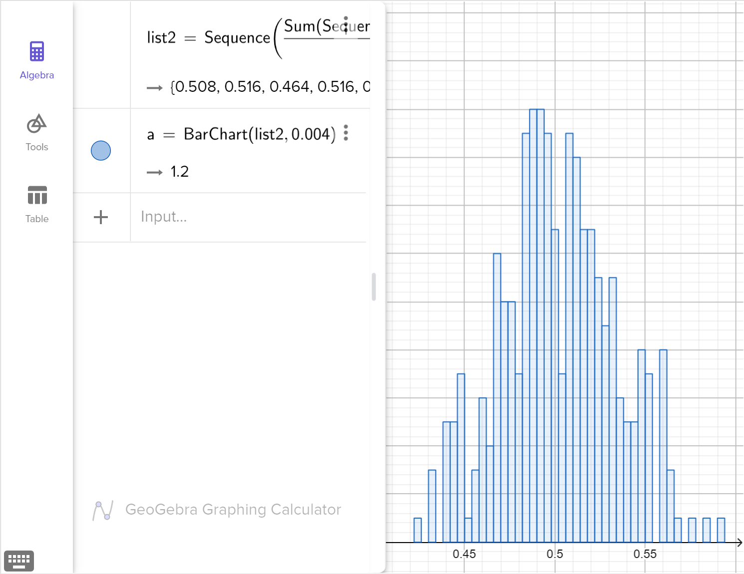 A screenshot of the GeoGebra graphing calculator showing the following: on the left, a list of 300 random numbers between 0 to 1 using the Sum, Sequence, and RandomBetween commands and BarChart command using the list and on the right, a bar chart. Speak to your teacher for more details.