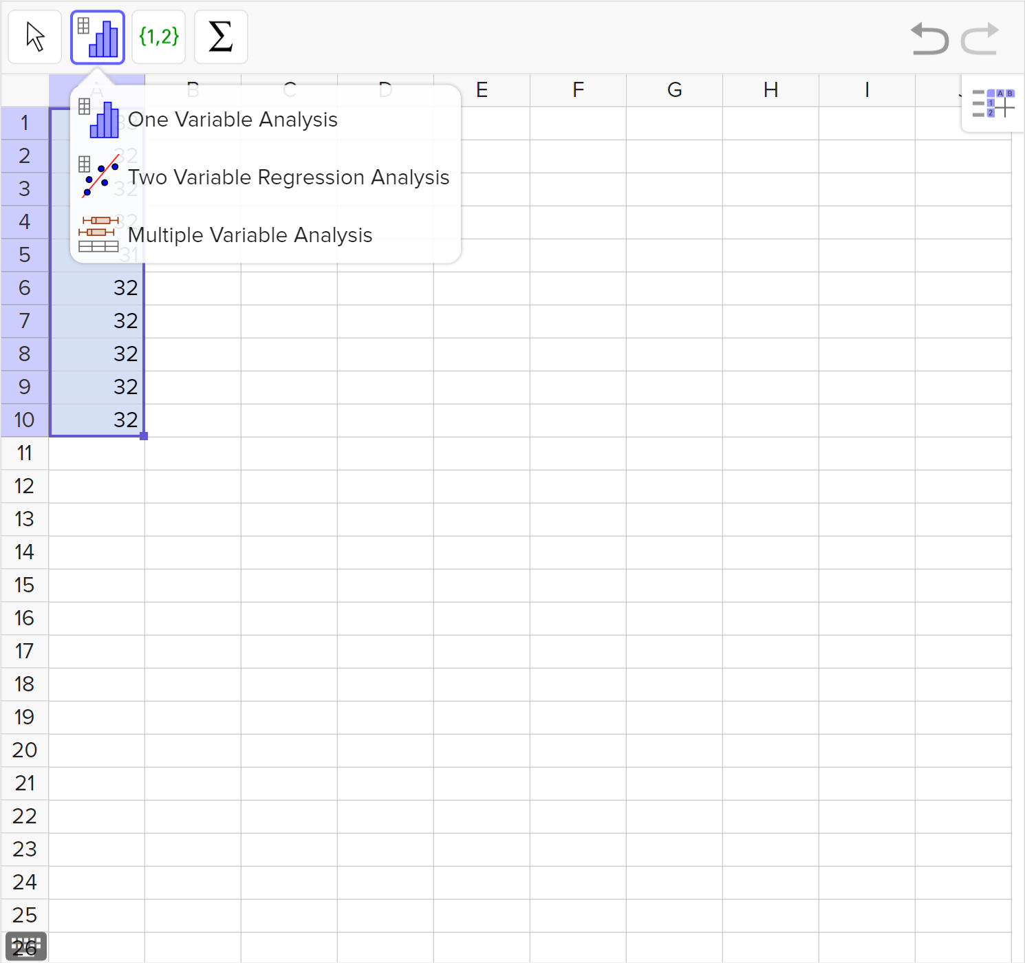 A screenshot of the GeoGebra Statistics tool showing the menu that contains the One Variable Analysis option. Speak to your teacher for more details.