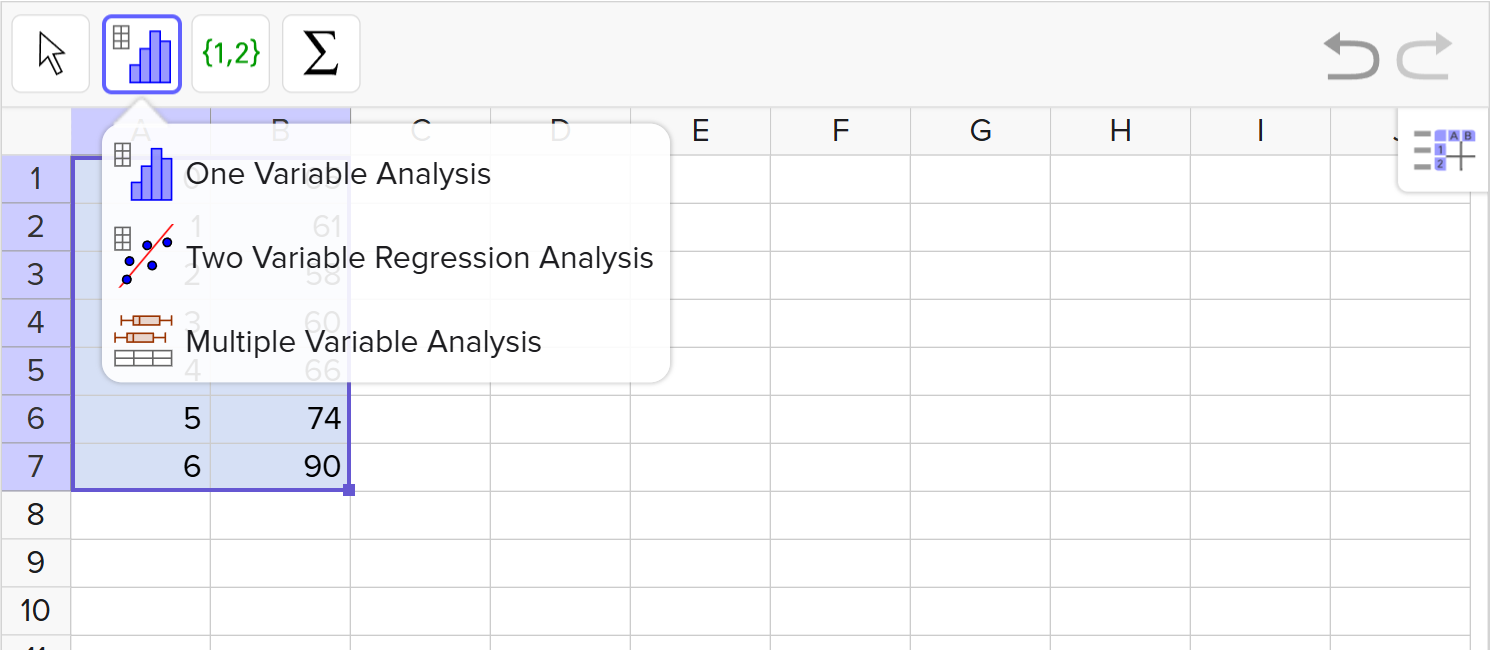 A screenshot of the GeoGebra statistics tool showing how to select the Two Variable Regression Analysis option. Speak to your teacher for more details.