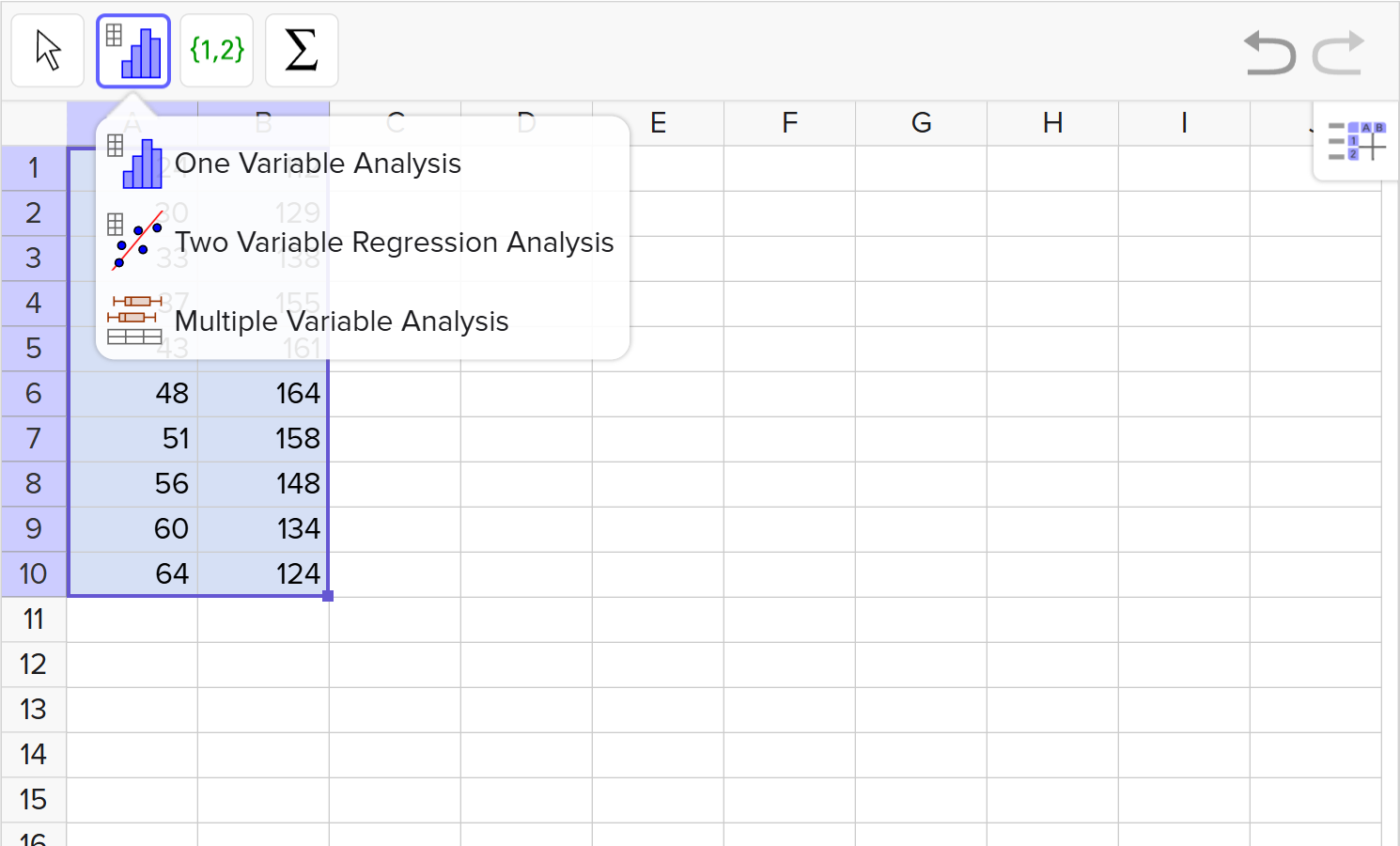 A screenshot of the GeoGebra statistics tool showing how to select the Two Variable Regression Analysis option. Speak to your teacher for more details.