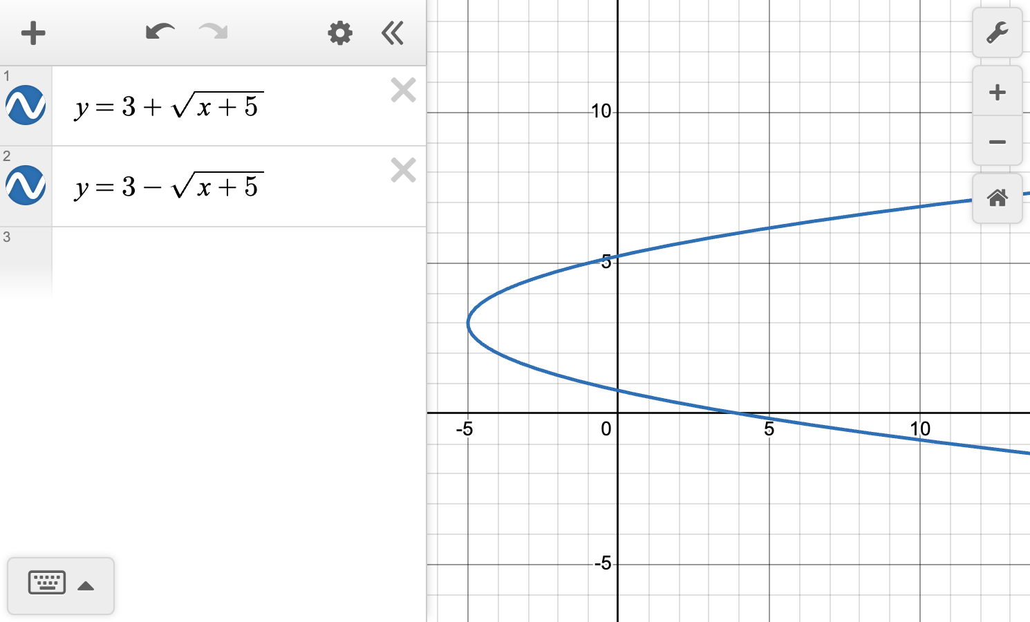 A screenshot of the Desmos graphing calculator showing the graphs of y equals 3 plus square root of x plus 5 and y equals 3 minus square root of x plus 5. Speak to your teacher for more details.