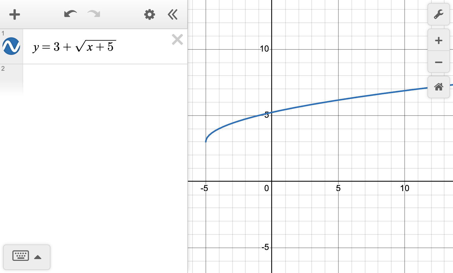 A screenshot of the Desmos graphing calculator showing the graph of y equals 3 plus square root of x plus 5. Speak to your teacher for more details.