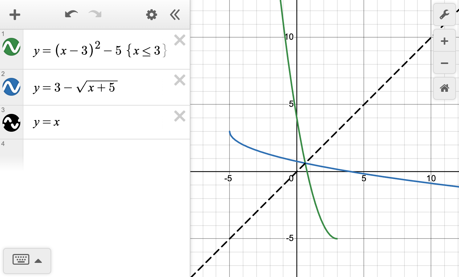 A screenshot of the Desmos graphing calculator showing the graph of y equals x minus 3 quantity squared minus 5, with the domain restricted to x less than or equal to 3, and the graph of y equals 3 minus square root of x plus 5. Speak to your teacher for more details.