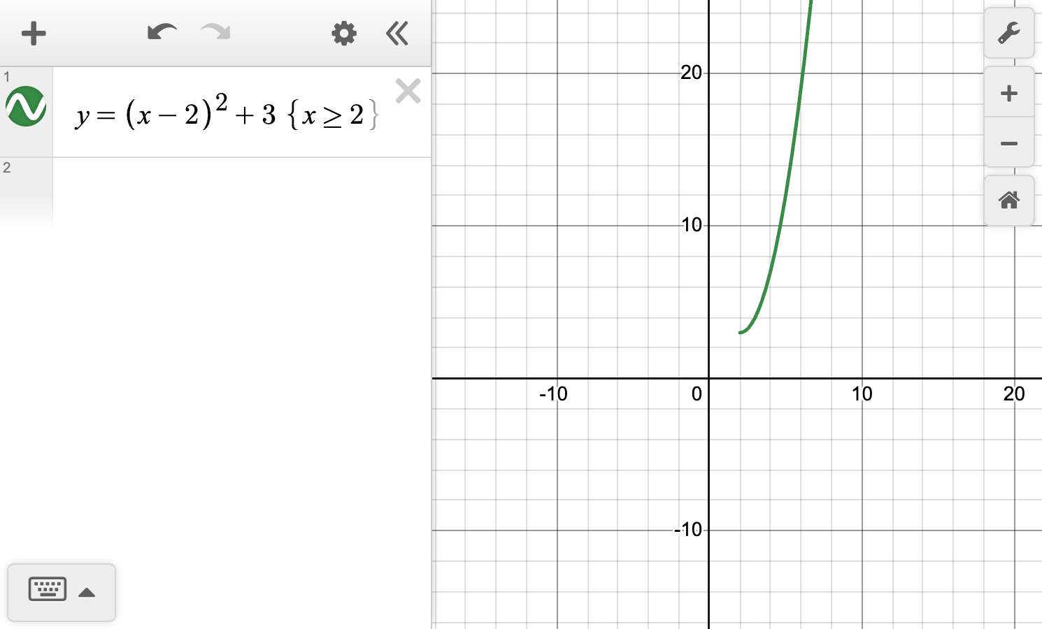 A screenshot of the Desmos graphing calculator showing the graph of y equals x minus 2 quantity squared plus 3, with the domain restricted to x greater than or equal to 2. Speak to your teacher for more details.
