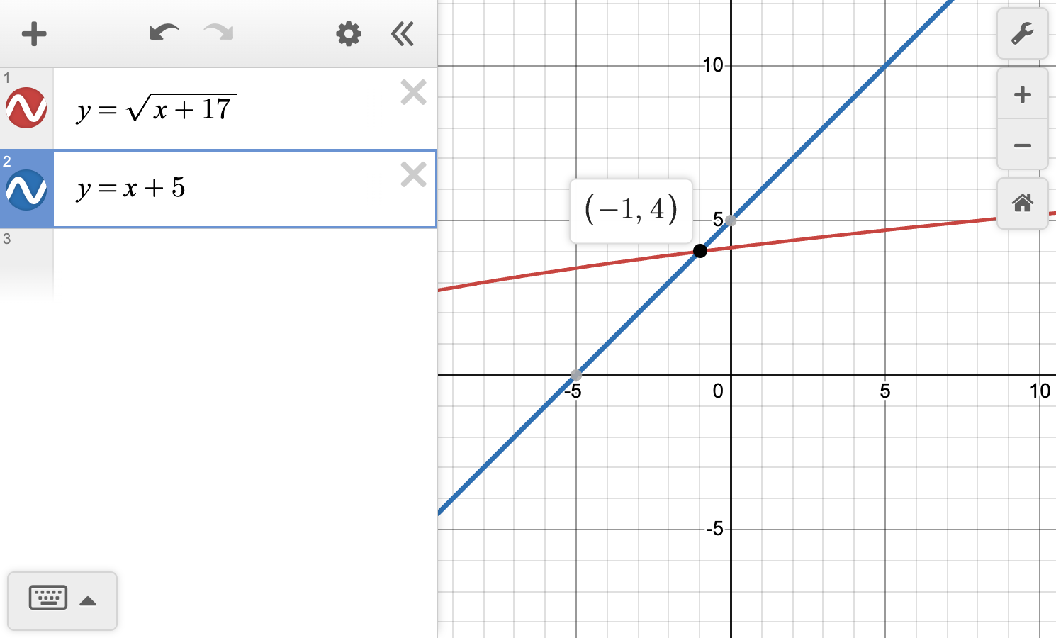A screenshot of the Desmos graphing calculator showing the graphs of y equals square root of x plus 17 and y equals x plus 5. The point of intersection of the graphs is highlighted. Speak to your teacher for more details.