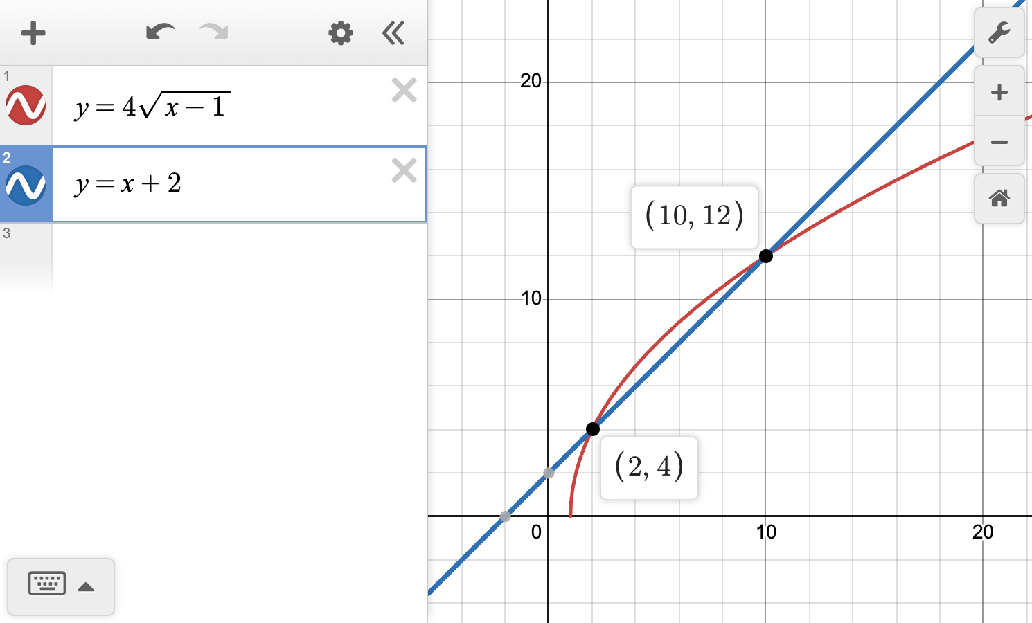 A screenshot of the Desmos graphing calculator showing the graphs of y equals 4 times the square root of quantity x minus 1 and y equals x plus 2. Their two points of intersection are also shown. Speak to your teacher for more details.