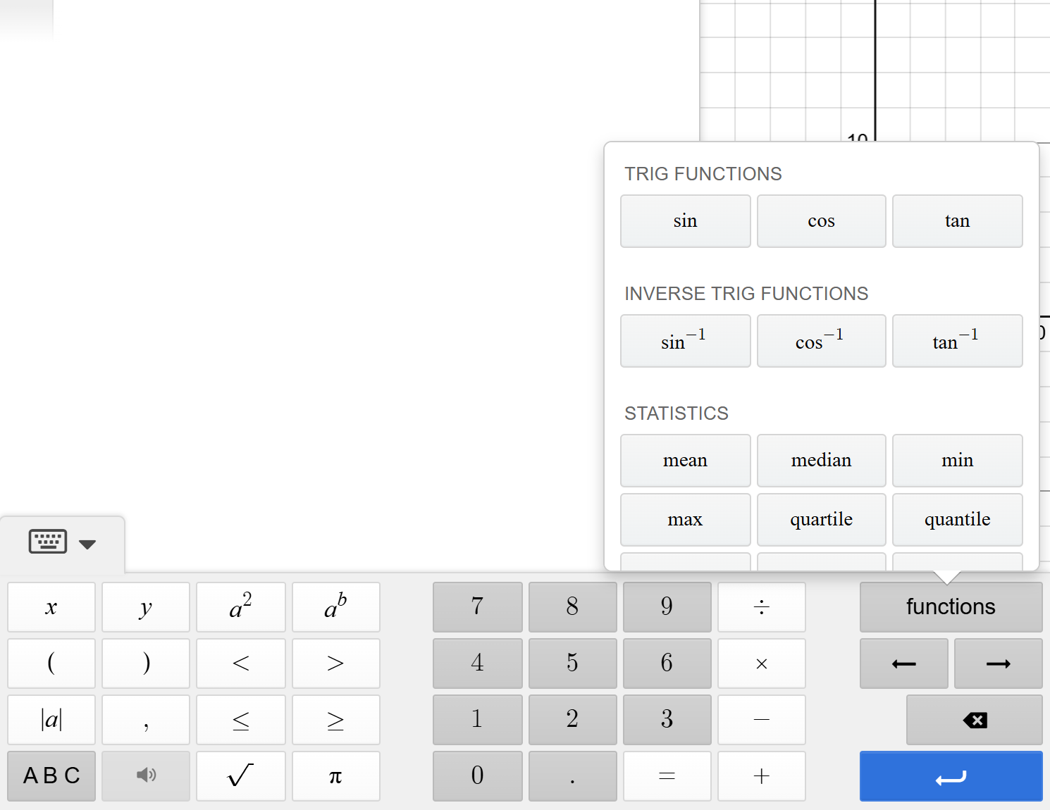 A screenshot of the Desmos graphing calculator with the keyboard expanded and the functions menu shown