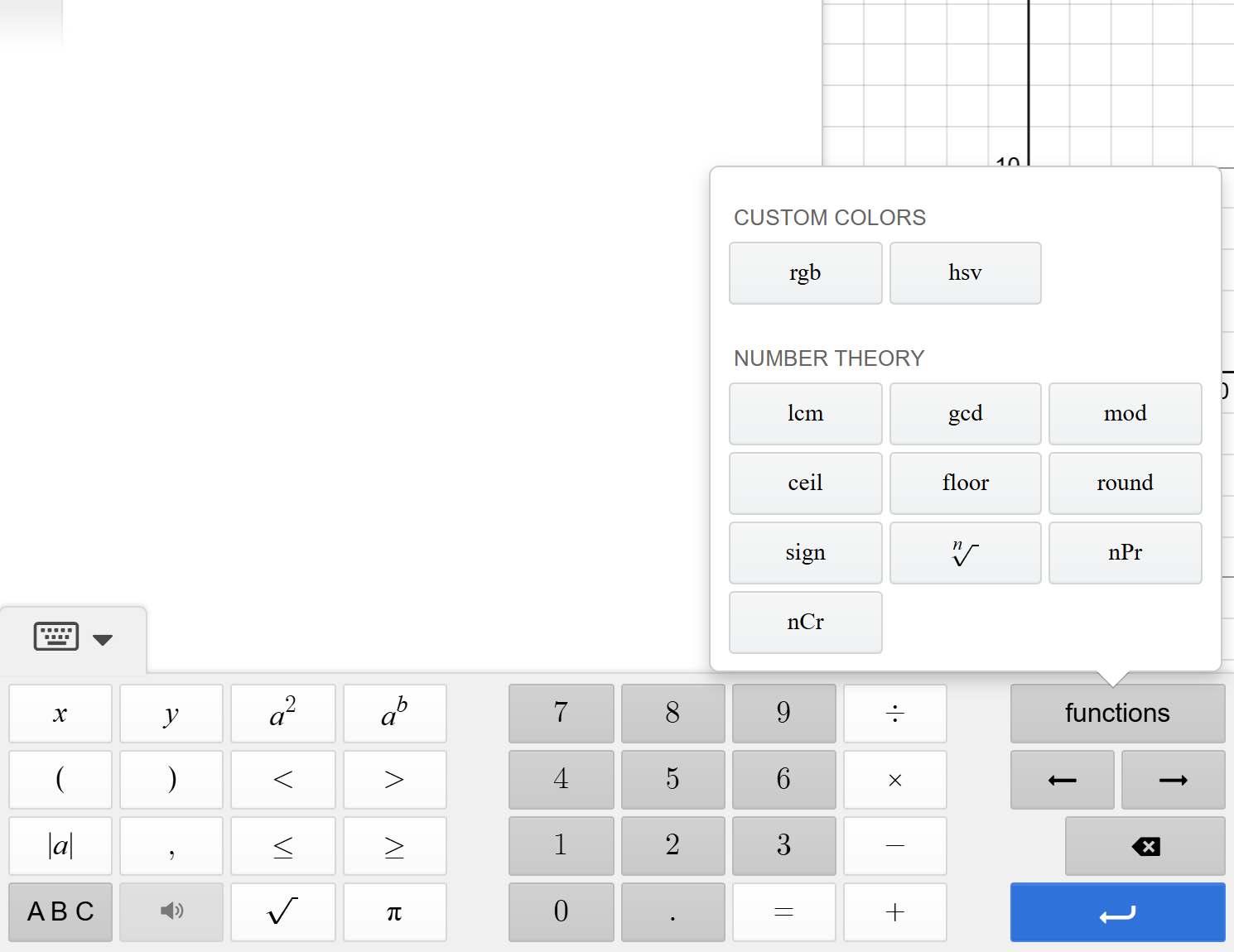A screenshot of the Desmos graphing calculator with the keyboard expanded and the functions menu shown. The number theory functions are shown