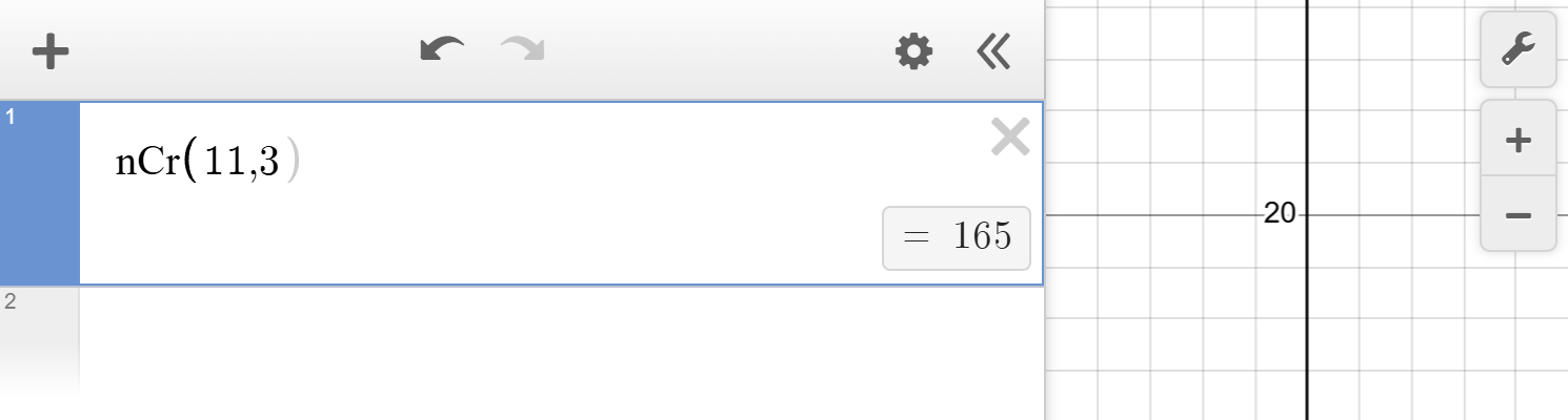 A screenshot of the Desmos graphing calculator with n C r parentheses 11 comma 3 parentheses in the input box. The value of the calculation is shown as 165