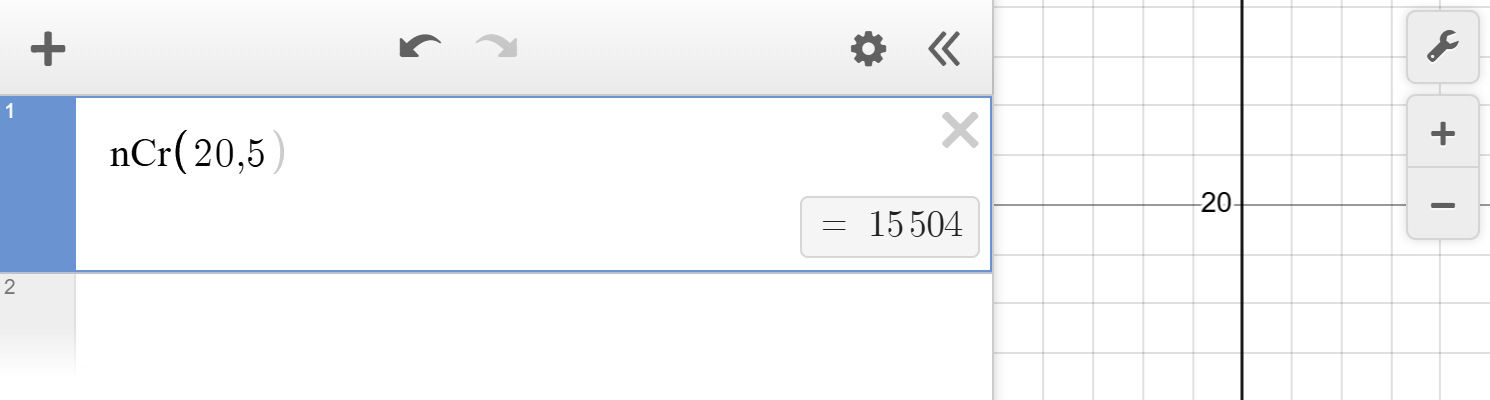 A screenshot of the Desmos graphing calculator with n C r parentheses 20 comma 5 typed in the input box showing the calculation equal to 15504