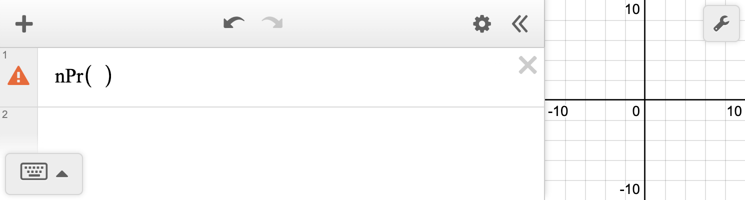 A screenshot of the Desmos graphing calculator with n P r open parenthesis in the input box.