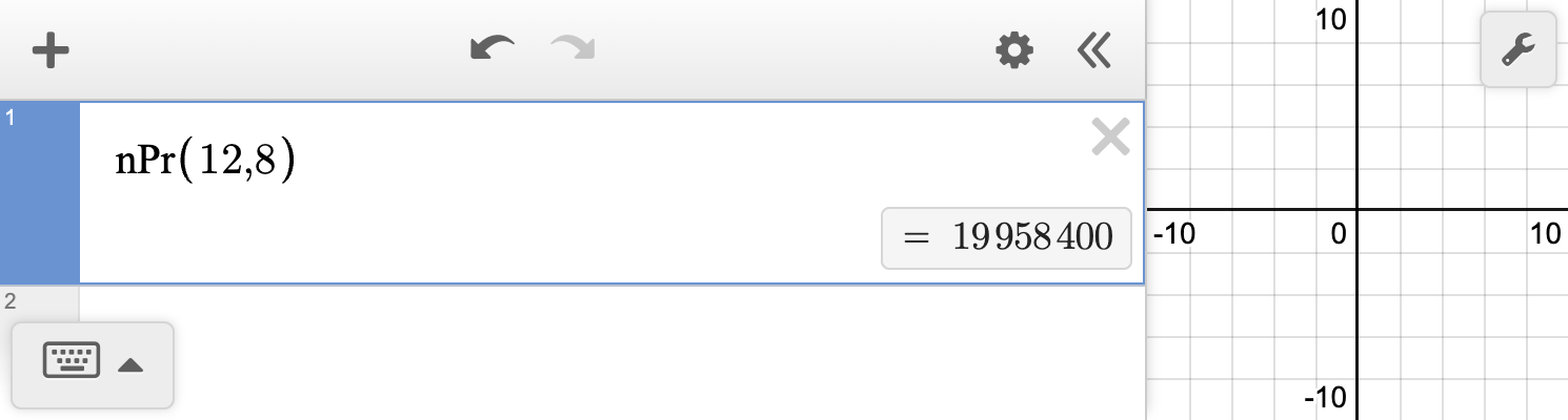 A screenshot of the Desmos graphing calculator with n P r open parenthesis 12 comma 8 close parenthesis in the input box showing the expression equal to 19 million 958 thousand 400.