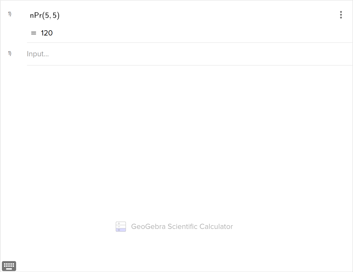 A screenshot of the GeoGebra scientific tool showing how to calculate the permutation of 5 taken 5. Speak to your teacher for more details.