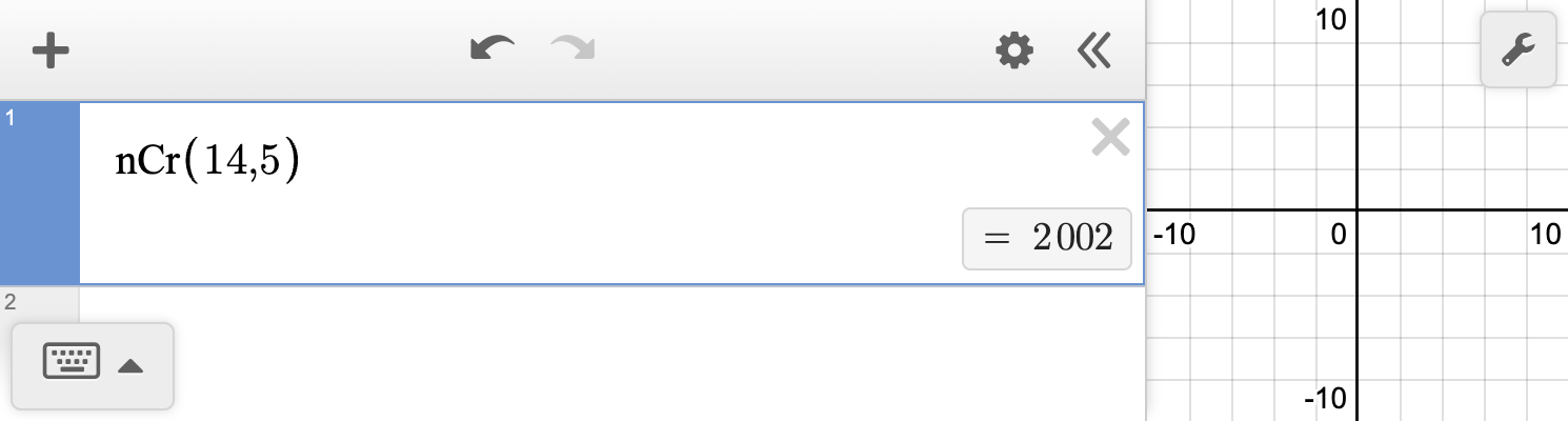 A screenshot of the Desmos graphing calculator with n C r open parenthesis 14 comma 5 close parenthesis in the input box showing the expression equal to 2002.