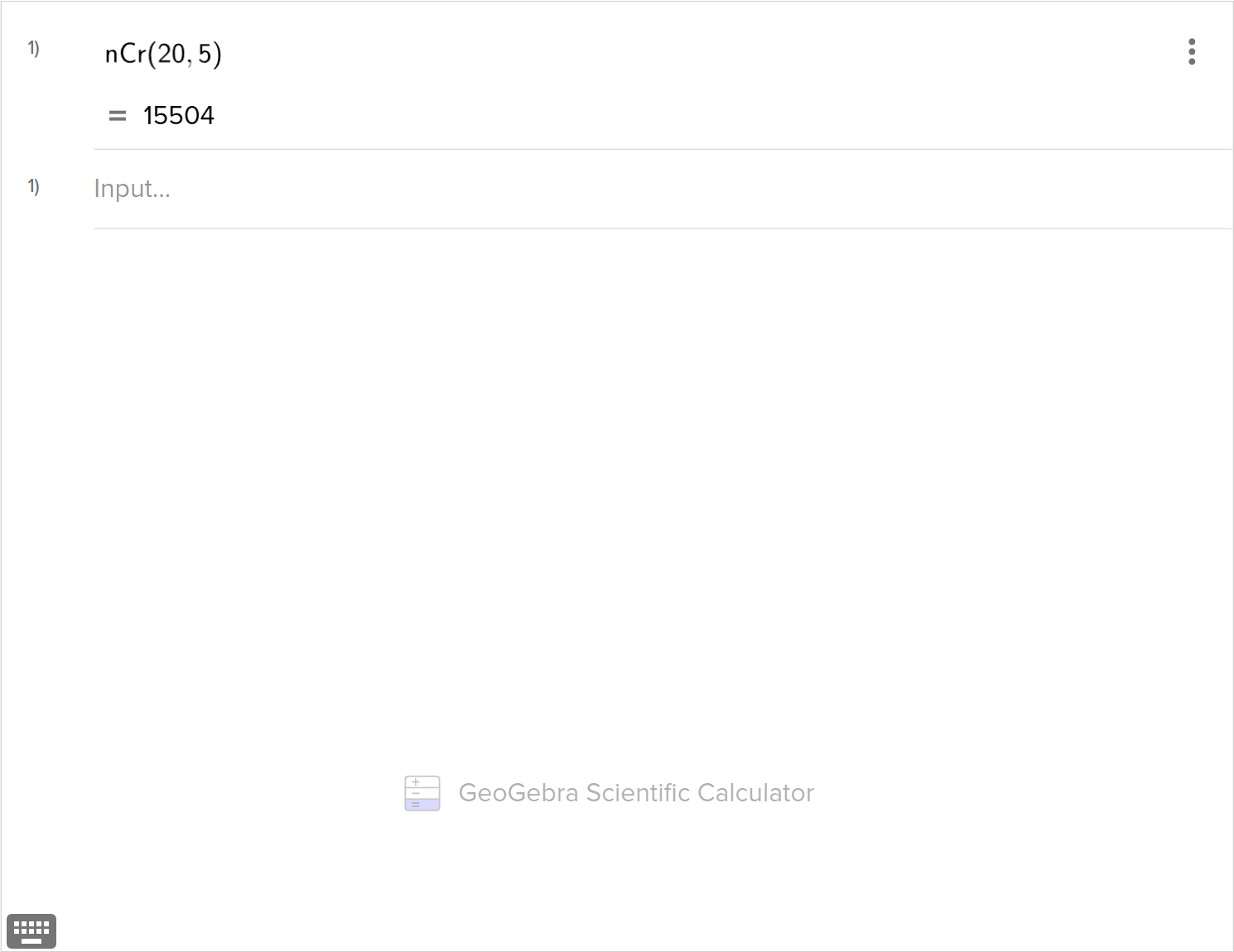 A screenshot of the GeoGebra scientific tool showing how to calculate the combination of 20 taken 5. Speak to your teacher for more details.