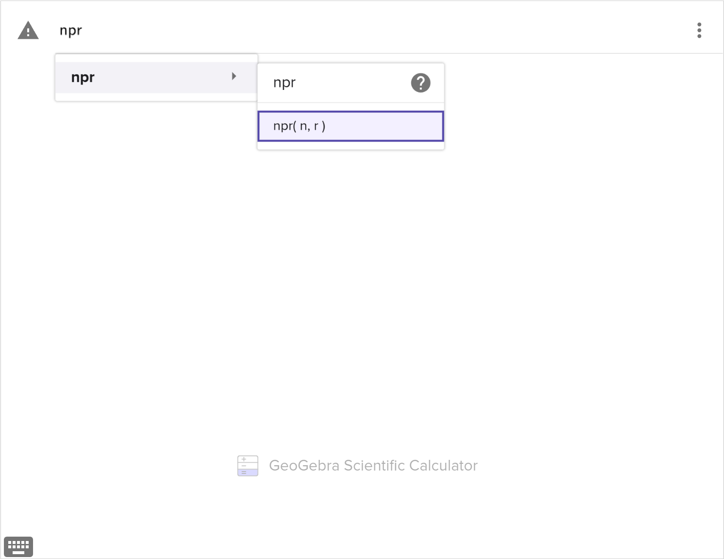 A screenshot of the GeoGebra scientific tool showing the built-in permutation function. Speak to your teacher for more details.