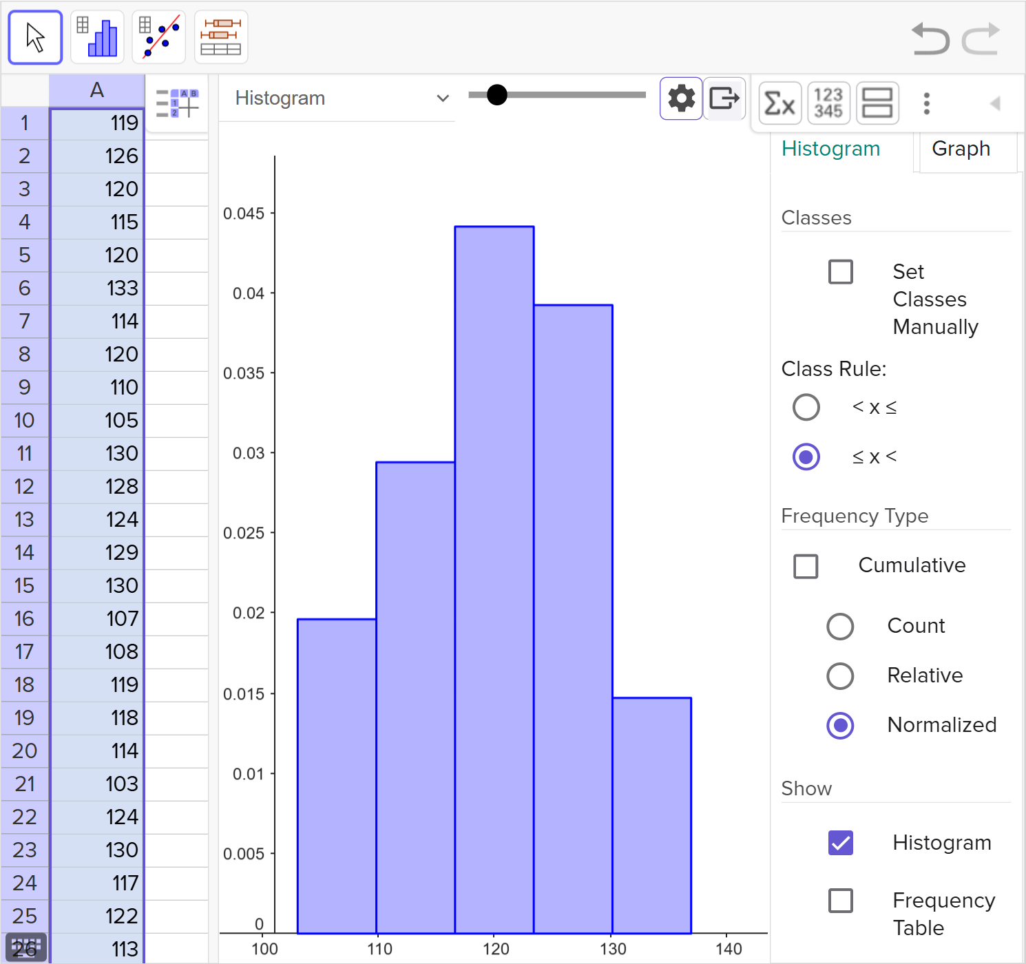 A screenshot of the GeoGebra statistics tool showing how to change the frequency type in the settings menu. Speak to your teacher for more details.