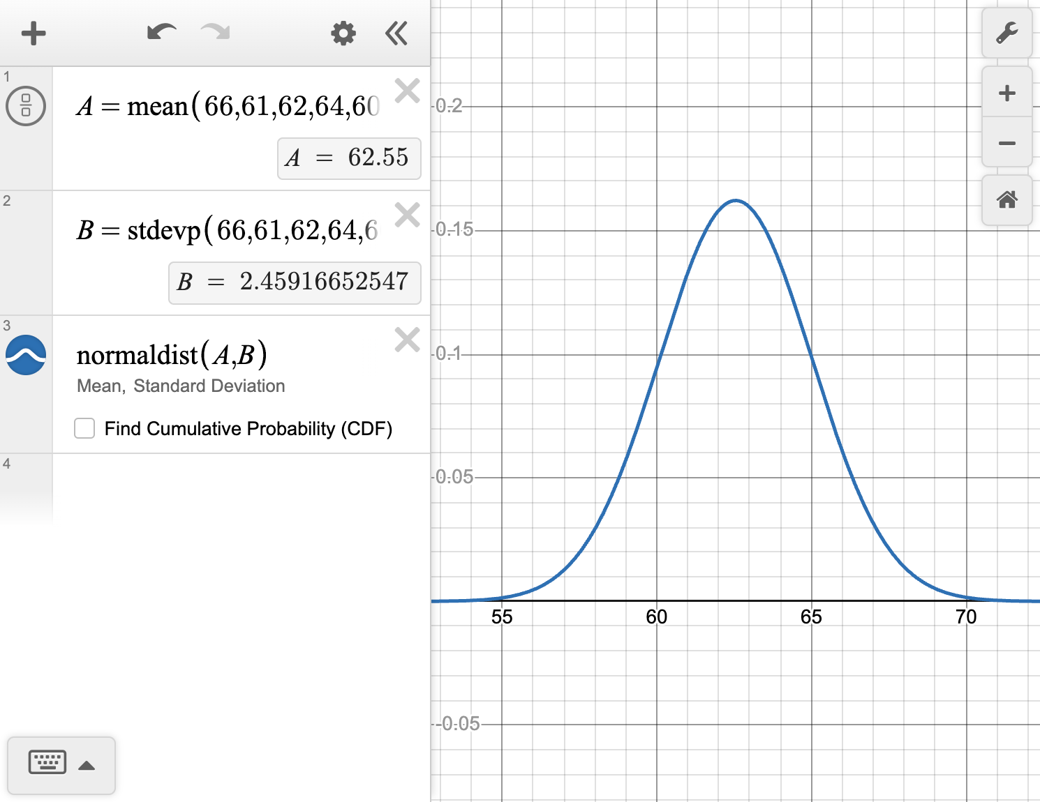 A screenshot of the Desmos graphing calculator. A list of data points for female heights is entered. The commands mean(F), stdevp(F), and normaldist(mean(F), stdevp(F)) are used to calculate statistics and plot the normal distribution curve for the data. Speak to your teacher for more details.