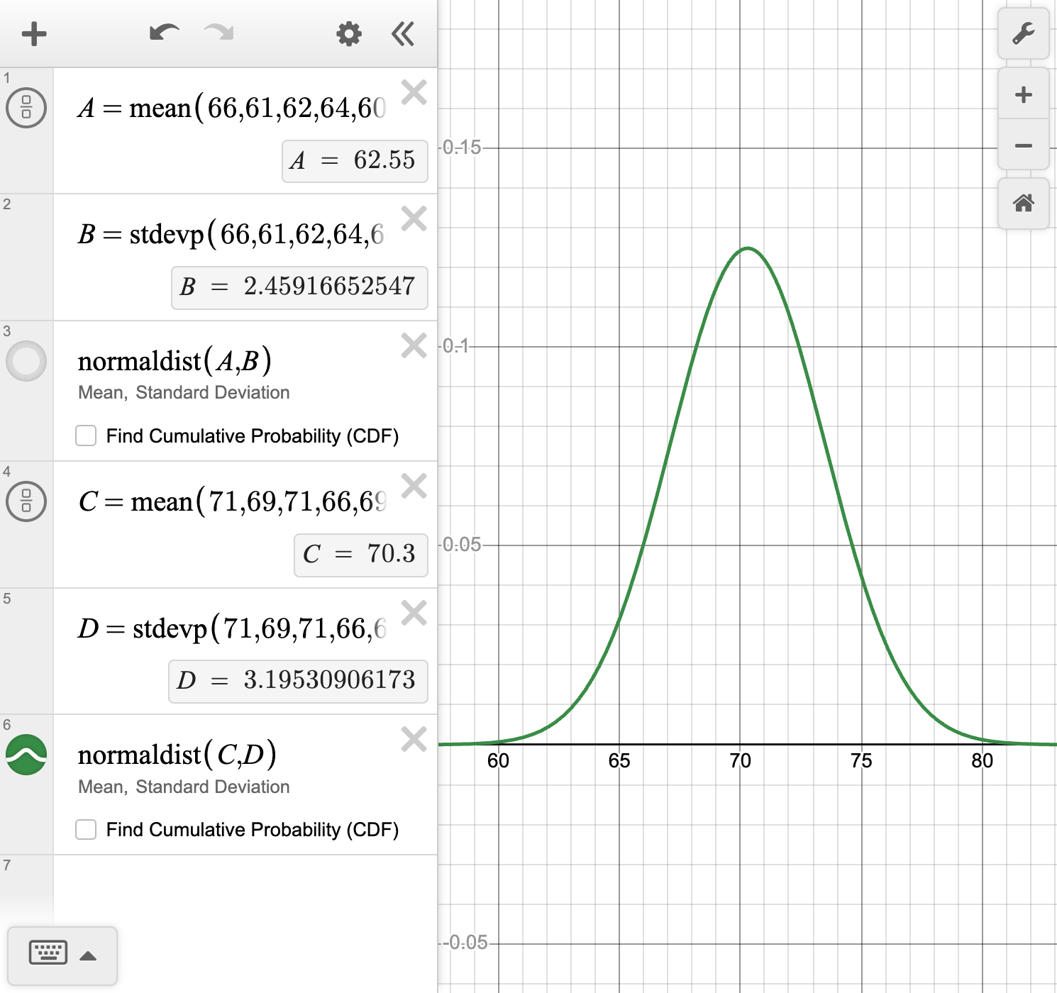 A screenshot of the Desmos graphing calculator. A list of data points for male heights is entered. The commands mean(M), stdevp(M), and normaldist(mean(M), stdevp(M)) are used to calculate statistics and plot the normal distribution curve for the data. Speak to your teacher for more details.