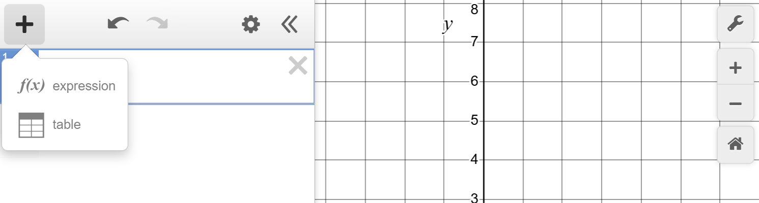 An image of the Desmos graphing calculator. The plus icon has been selected and a menu shows f of x expression and table