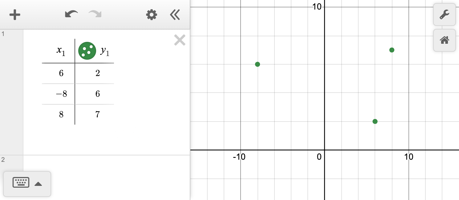 A screenshot of the Desmos graphing calculator showing how to enter the coordinates of a polygon into a table. Ask your teacher for more information.