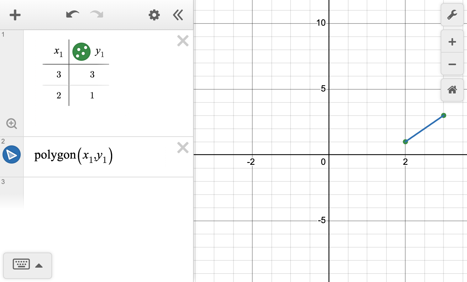 A screenshot of the Desmos graphing calculator showing how to use the polygon function to create a line segment. Ask your teacher for more information.