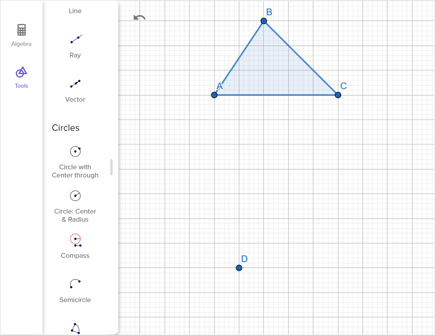 A screenshot of the GeoGebra geometry tool showing how to construct a triangle congruent to triangle A B C. Speak to your teacher for more details.