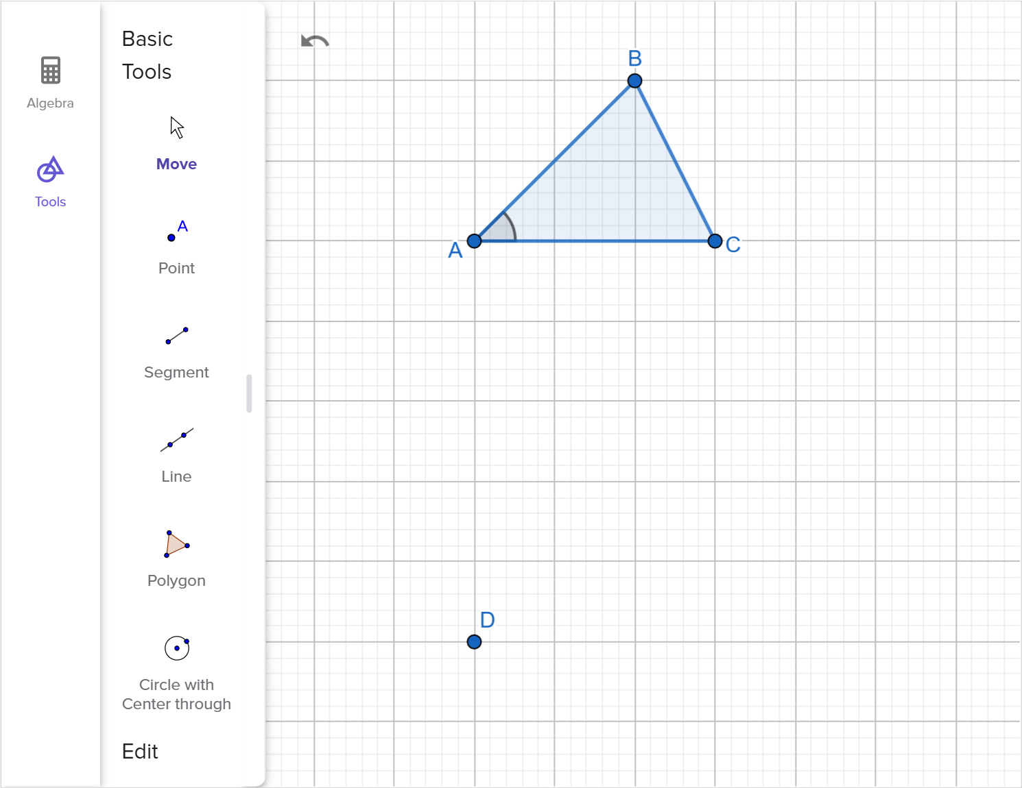 A screenshot of the GeoGebra geometry tool showing how to construct a copy of triangle A B C using two sides and included angle. Speak to your teacher for more details.