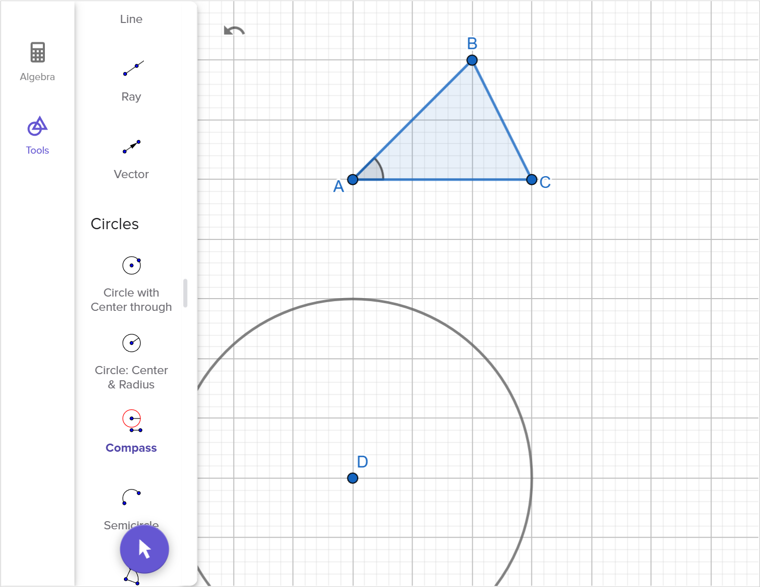 A screenshot of the GeoGebra geometry tool showing how to construct a copy of triangle A B C using two sides and included angle. Speak to your teacher for more details.