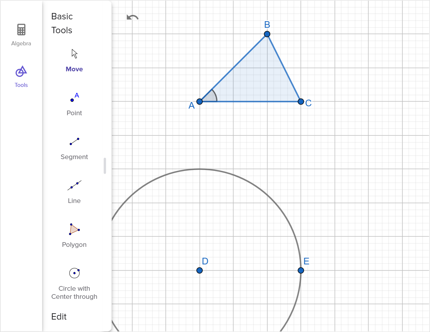 A screenshot of the GeoGebra geometry tool showing how to construct a copy of triangle A B C using two sides and included angle. Speak to your teacher for more details.