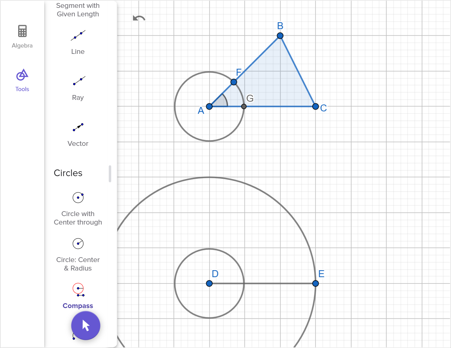 A screenshot of the GeoGebra geometry tool showing how to construct a copy of triangle A B C using two sides and included angle. Speak to your teacher for more details.