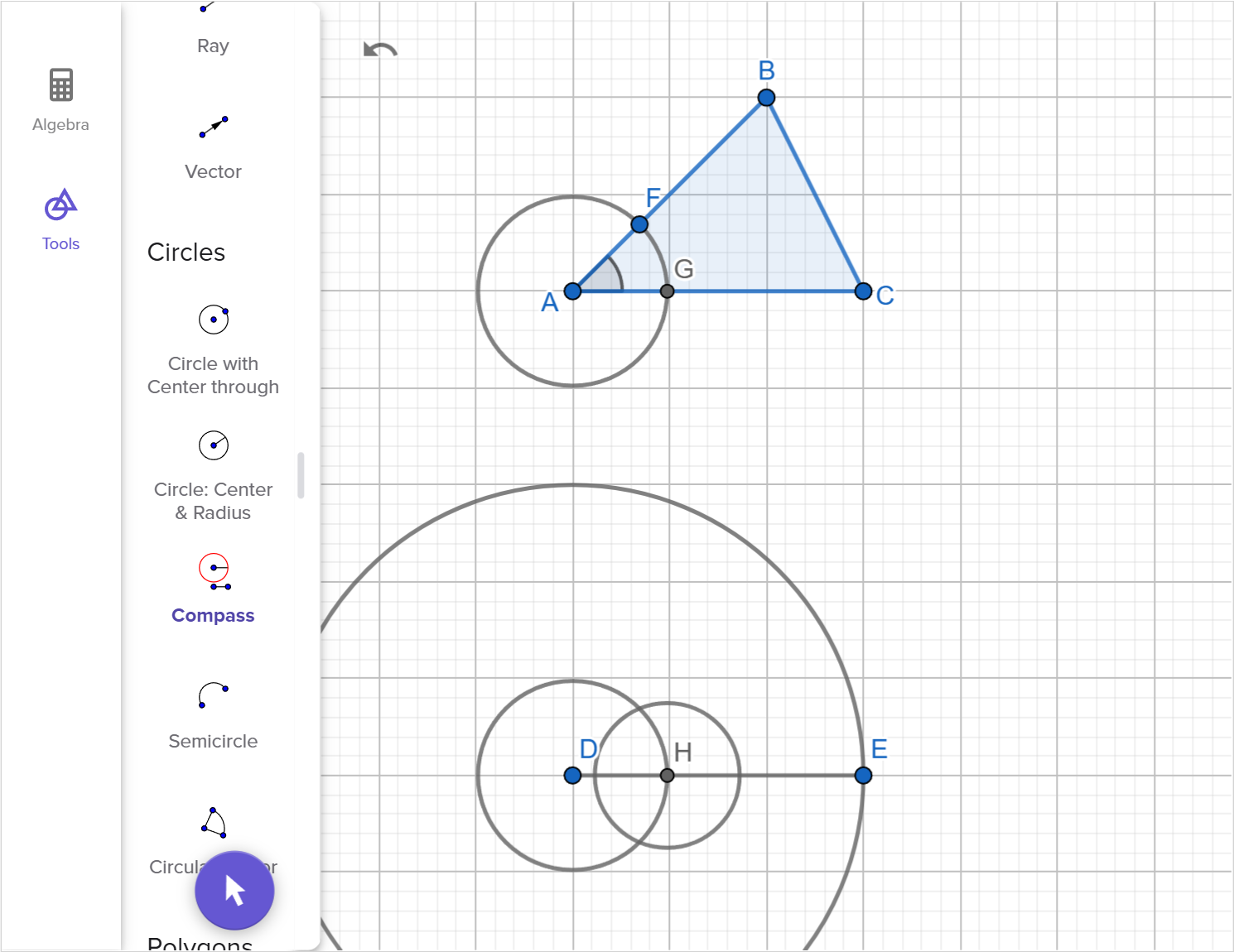 A screenshot of the GeoGebra geometry tool showing how to construct a copy of triangle A B C using two sides and included angle. Speak to your teacher for more details.