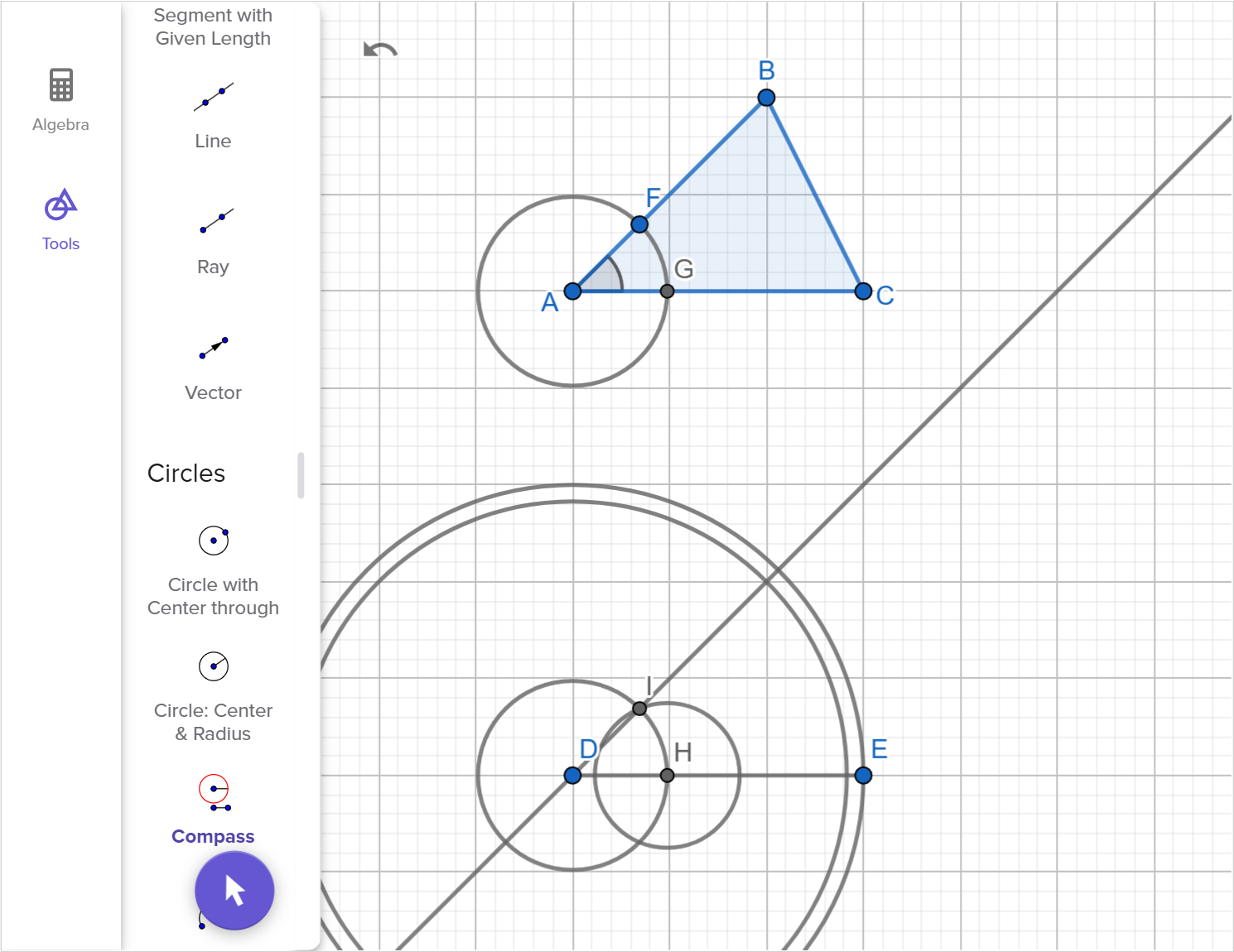 A screenshot of the GeoGebra geometry tool showing how to construct a copy of triangle A B C using two sides and included angle. Speak to your teacher for more details.