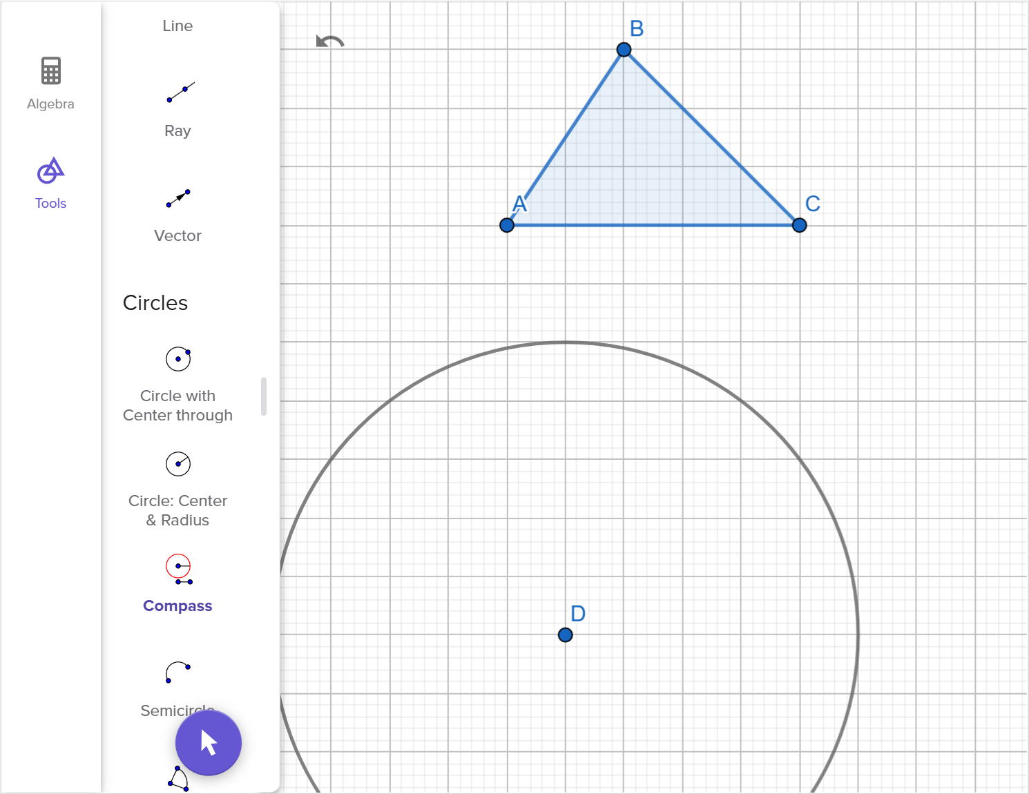 A screenshot of the GeoGebra geometry tool showing how to construct a triangle congruent to triangle A B C. Speak to your teacher for more details.