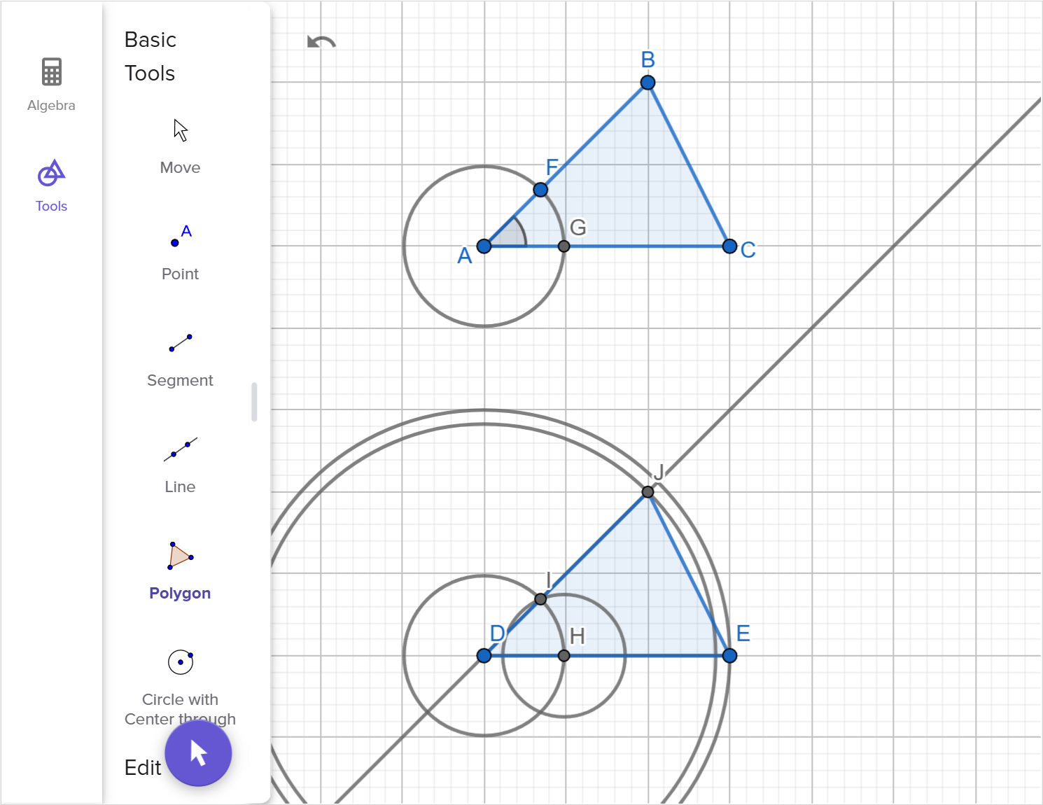 A screenshot of the GeoGebra geometry tool showing how to construct a copy of triangle A B C using two sides and included angle. Speak to your teacher for more details.