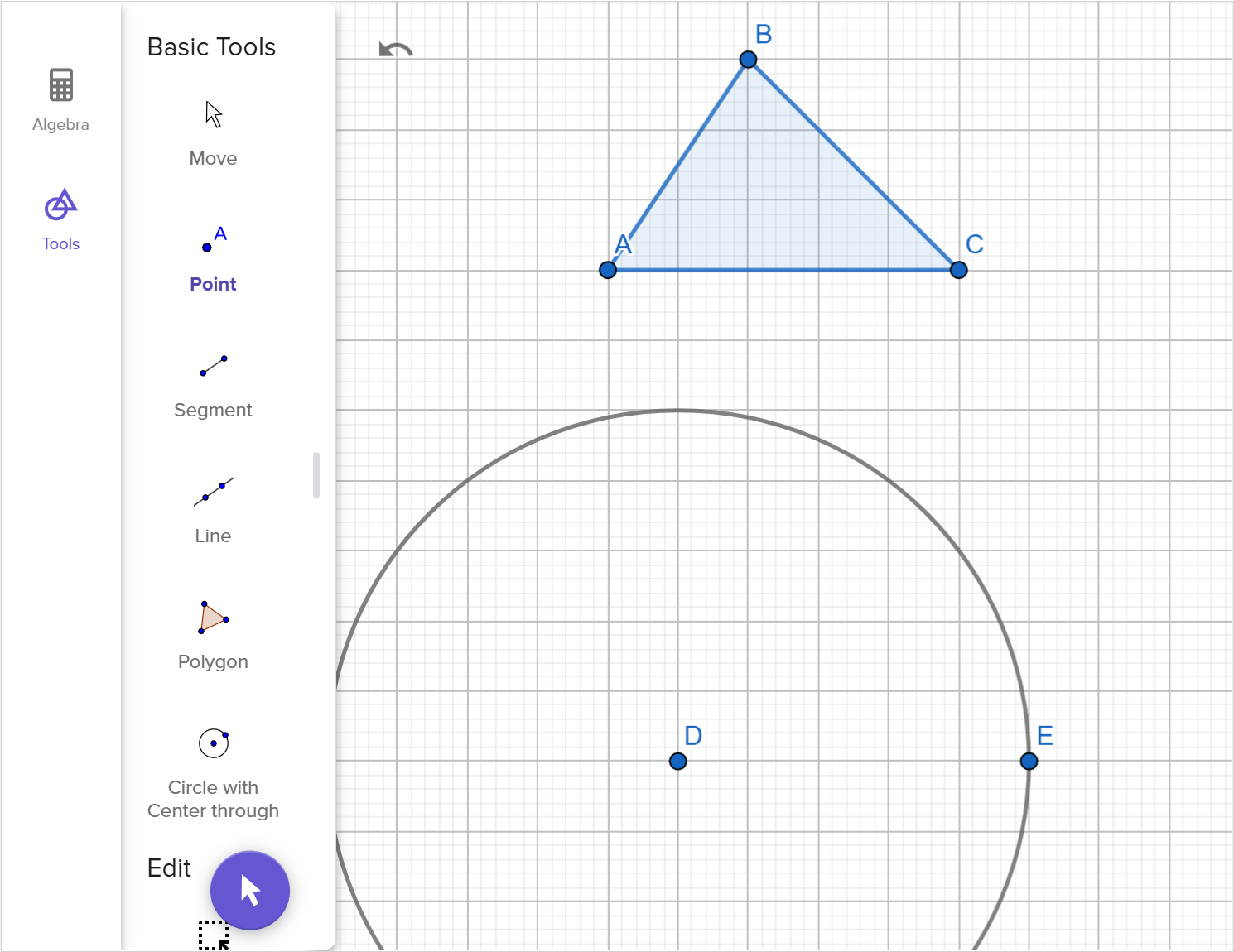 A screenshot of the GeoGebra geometry tool showing how to construct a triangle congruent to triangle A B C. Speak to your teacher for more details.