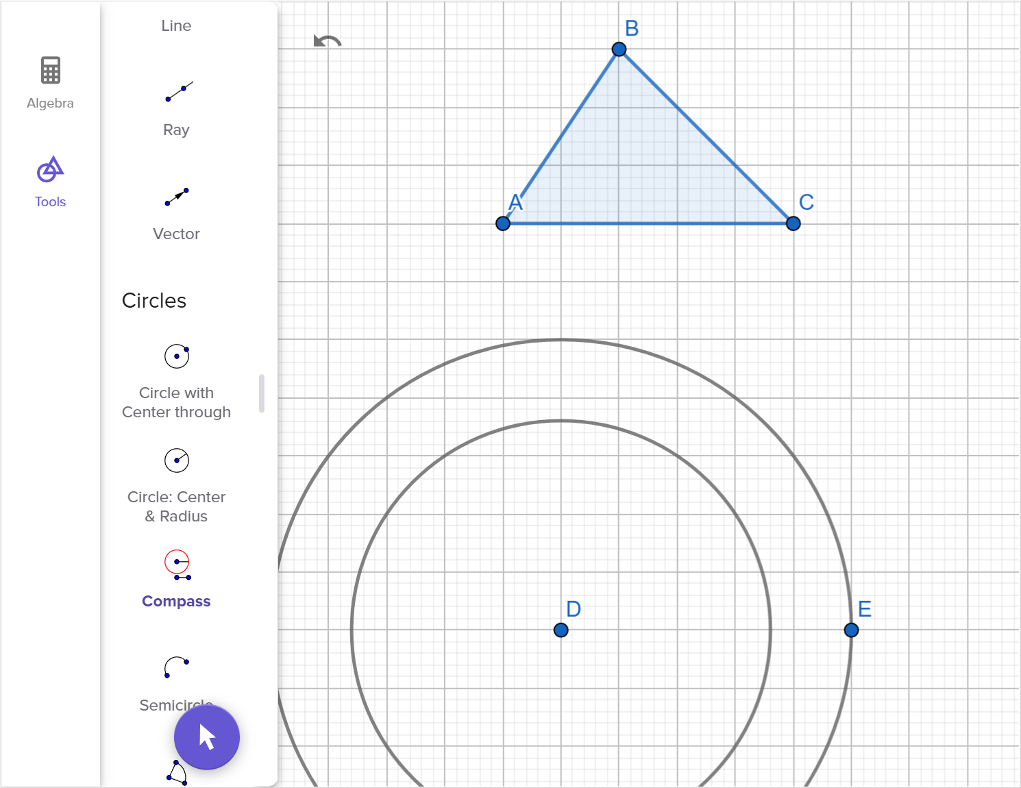 A screenshot of the GeoGebra geometry tool showing how to construct a triangle congruent to triangle A B C. Speak to your teacher for more details.