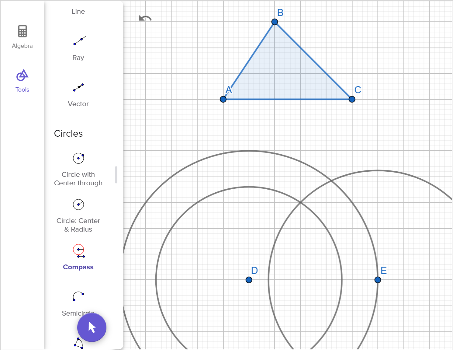 A screenshot of the GeoGebra geometry tool showing how to construct a triangle congruent to triangle A B C. Speak to your teacher for more details.