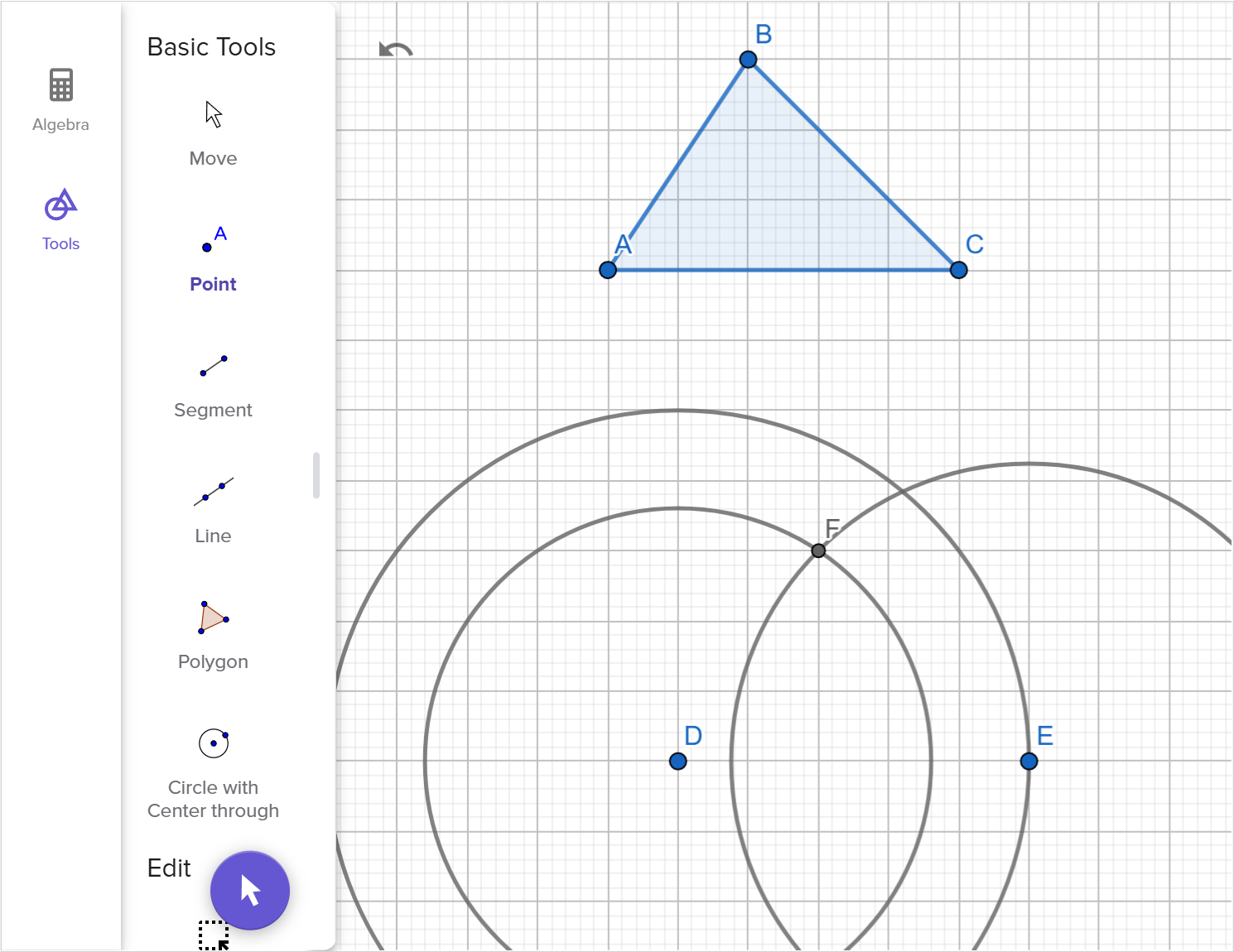 A screenshot of the GeoGebra geometry tool showing how to construct a triangle congruent to triangle A B C. Speak to your teacher for more details.