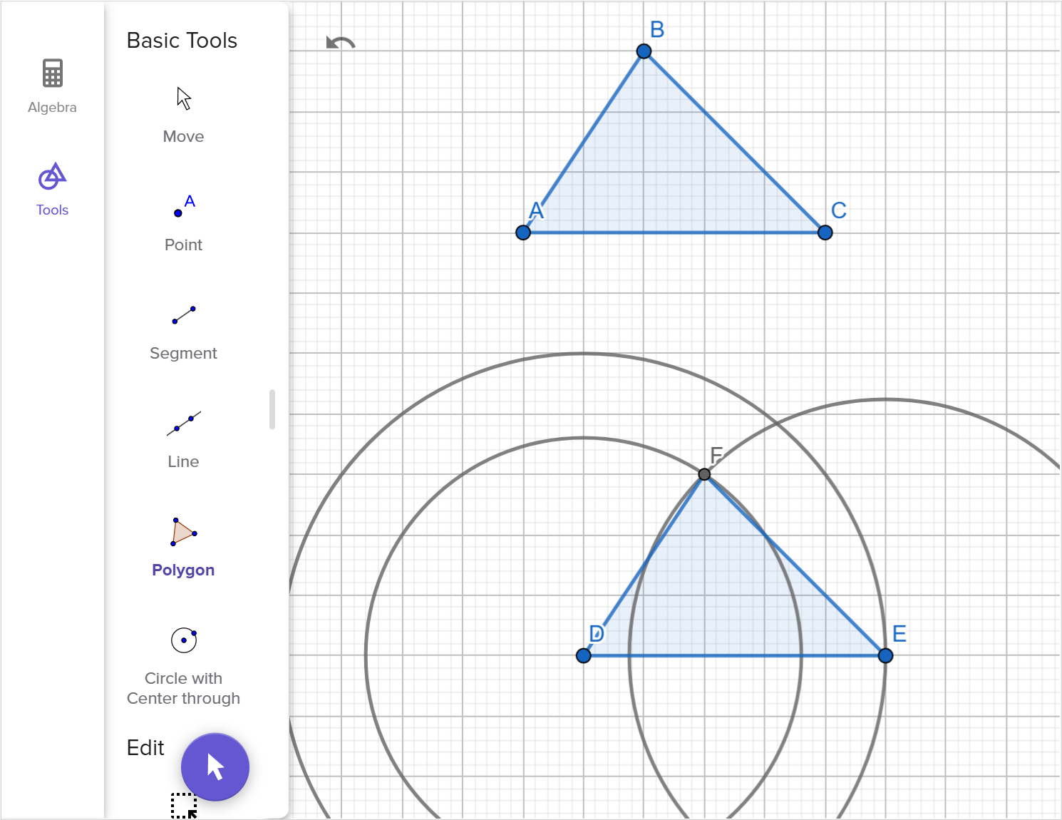 A screenshot of the GeoGebra geometry tool showing how to construct a triangle congruent to triangle A B C. Speak to your teacher for more details.