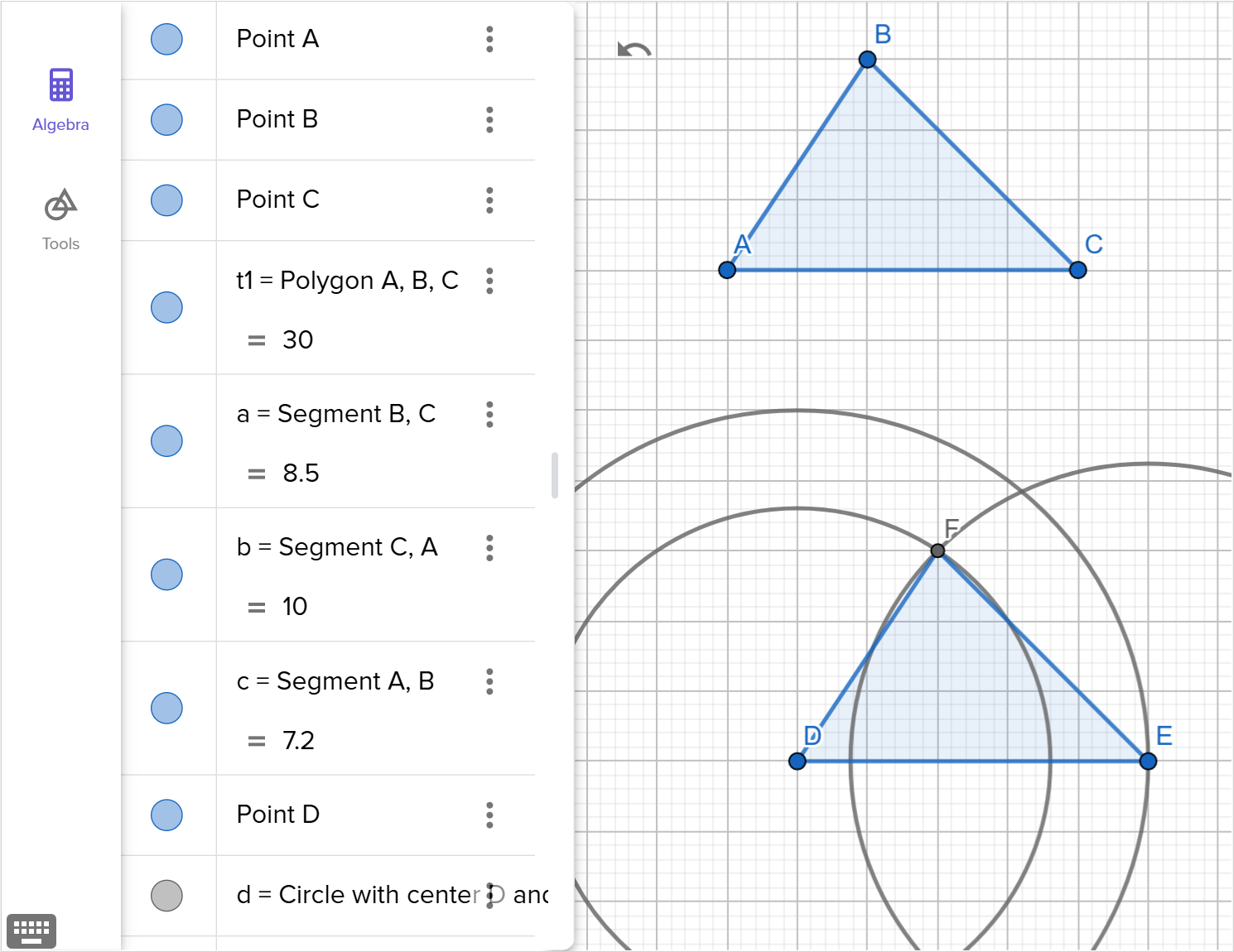 A screenshot of the GeoGebra geometry tool showing how to construct a triangle congruent to triangle A B C. Speak to your teacher for more details.