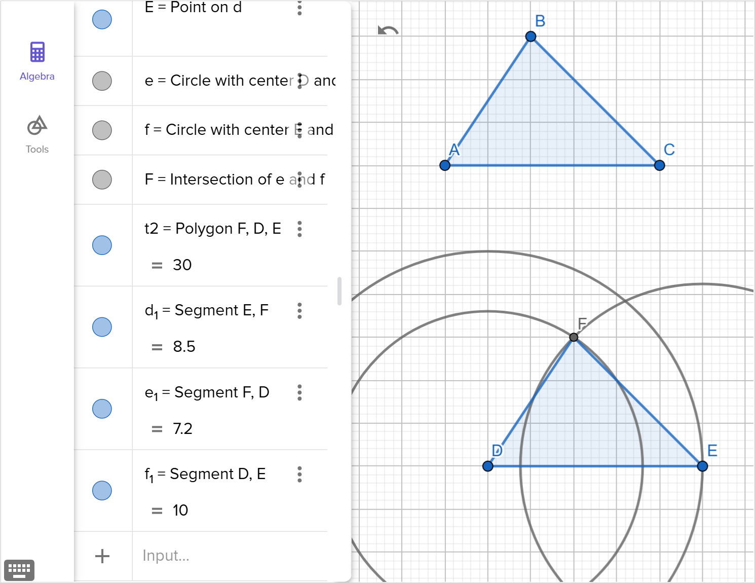 A screenshot of the GeoGebra geometry tool showing how to construct a triangle congruent to triangle A B C. Speak to your teacher for more details.