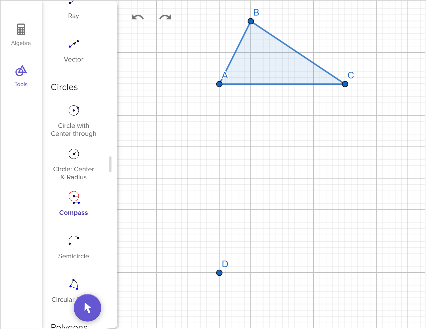 A screenshot of the GeoGebra Geometry tool showing how to construct a copy of triangle A B C using two angles and one side. Speak to your teacher for more details.